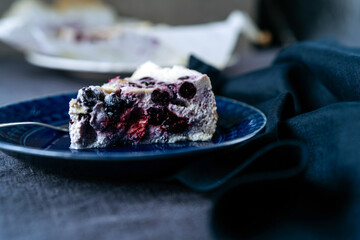 Baked homemade cottage cheese casserole or pudding with blueberry
