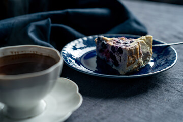 Homemade cottage cheese casserole with coffee. Healthy breakfast