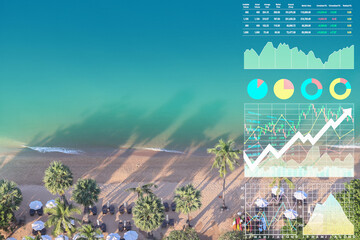 Stock financial index data with graph, chart, candlesticks and business symbol show successful investment on travel and tourism industry image of turquoise ocean beach resort background.