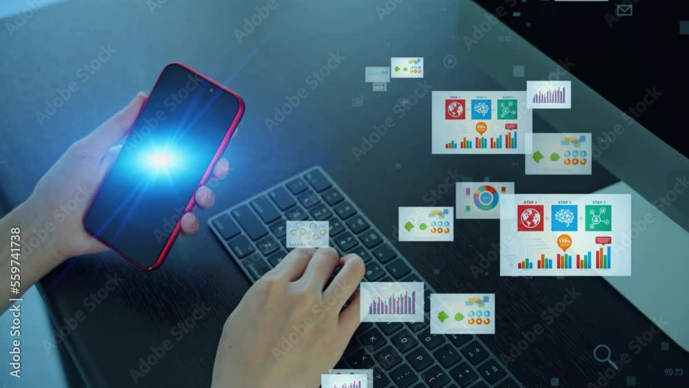 Poster PC and smartphone user and Digital documents concept. Digital transformation. Information communication technology.