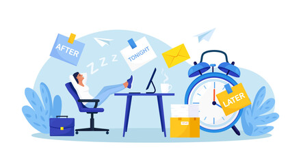 Procrastination or project deadline. Lazy business woman sitting with his legs on desk, dreaming and procrastinating instead of working. Productivity and efficiency in work. Resting office employee.