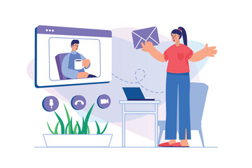 Video chatting concept with people scene. Woman receives messages and communicates online with man using laptop and video call program. Illustration with character in flat design for web banner