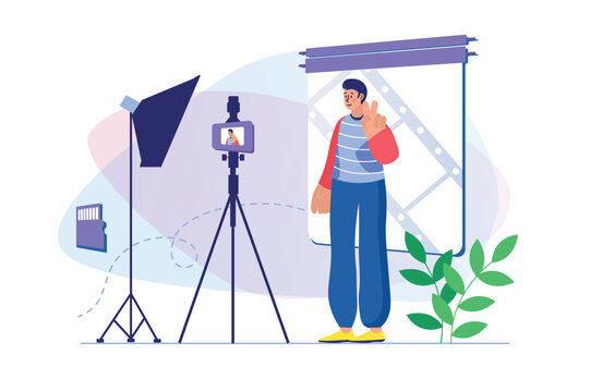 Photo studio concept with people scene. Man working as model and posing on backdrop for photo shooting, making portrait on camera. Illustration with character in flat design for web banner