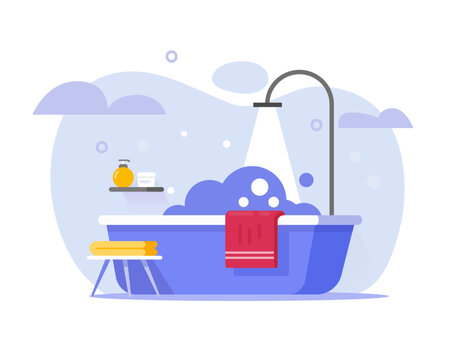 recommend clip art: Bathroom bathtub shower vector flat or bath tub room cartoon modern illustration interior graphic with steam foam soap water bubbles image clipart