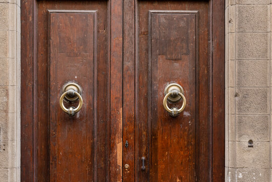 Old wooden door with two door knockers, close up