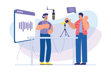 Podcast streaming concept with people scene. Host and guest of show speak into microphones, record interviews during live broadcast. Illustration with character in flat design for web banner
