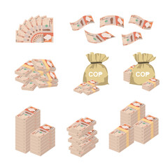 Colombian Peso Vector Illustration. Huge packs of  Colombia, Venezuela money set bundle banknotes. Bundle with cash bills. Deposit, wealth, accumulation and inheritance. Falling money 20 COP