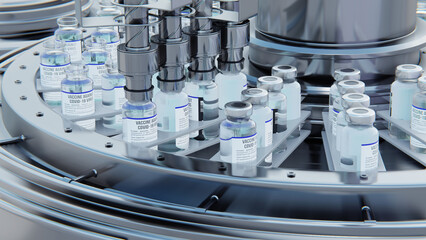Close up 3d render. Covid-19 vaccine manufacturing, machine puts caps on bottles vials passing on conveyor belt. Clear blue liquid.