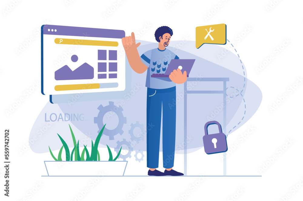 Poster web design concept with people scene. man designer creates website layout, adjusts and optimizes pag