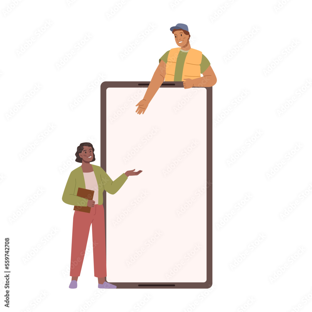 Poster smartphone advertisement, people pointing on screen. small people showing display of phone blank scr