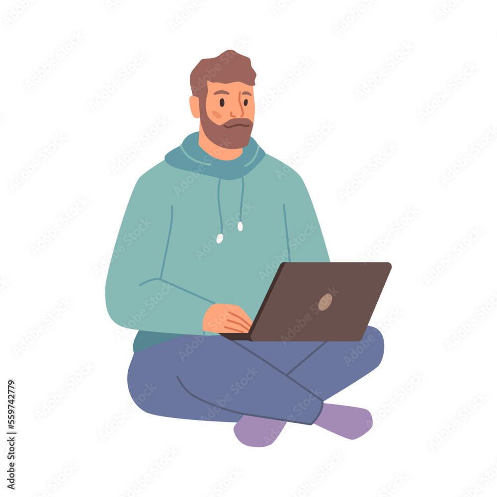 Aufkleber Man sitting and working on laptop isolated flat cartoon character. Vector freelancer or online worker with computer, programmer or developer using notebook, distant worker