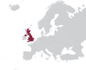 Fototapeta premium Maroon Map of United Kingdom within gray map of European continent
