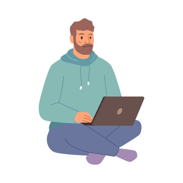 Man sitting and working on laptop isolated flat cartoon character. Vector freelancer or online worker with computer, programmer or developer using notebook, distant worker