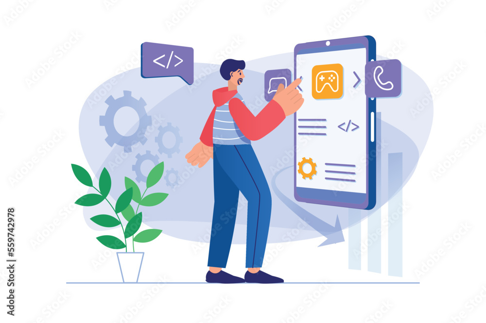 Poster app development concept with people scene. man designer creates graphic content and places buttons a