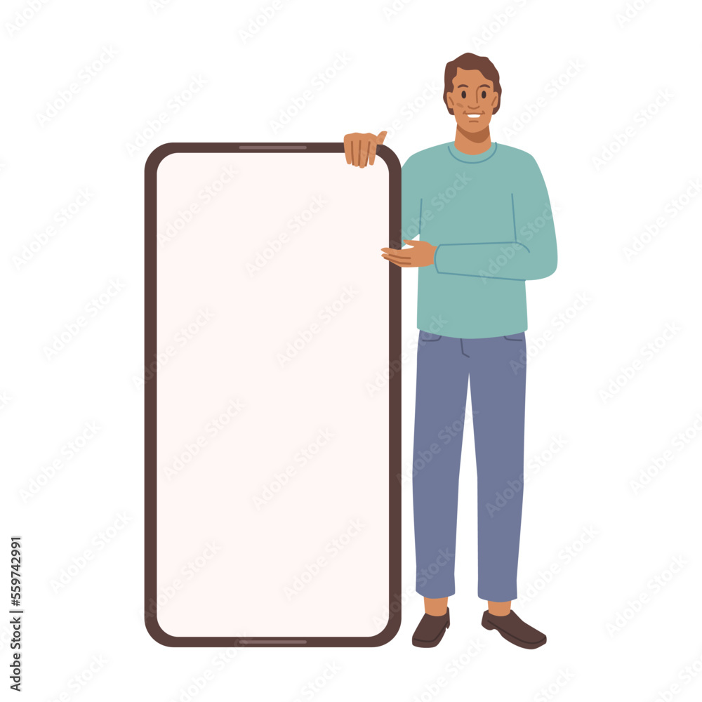 Fototapete caucasian man with mobile show empty display, male person hold screen showing something. vector flat