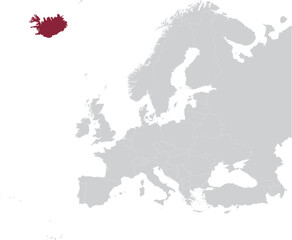 Maroon Map of Iceland within gray map of European continent