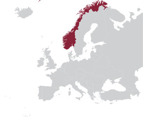 Obraz premium Maroon Map of Norway within gray map of European continent