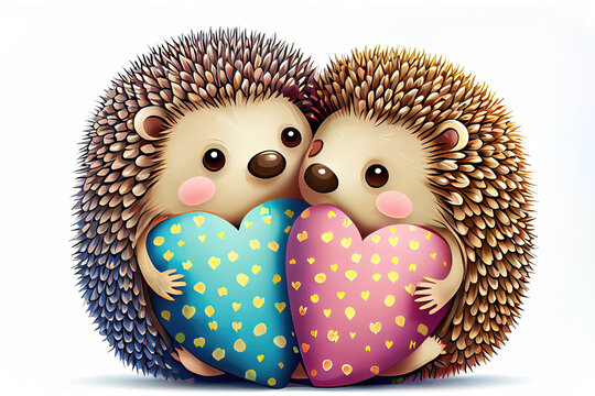 Cute cartoon hedgehog couple in love holding hearts (Generative AI)