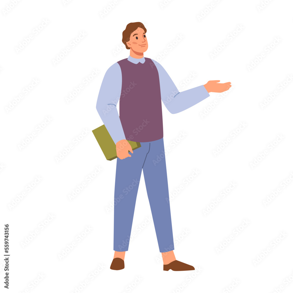 Poster Man standing and pointing by hand, presentation. Promotion and advertisement concept. Male with folder pointing, introducing product with hand gesture. Cartoon guy shows or announce something