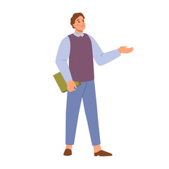 Man standing and pointing by hand, presentation. Promotion and advertisement concept. Male with folder pointing, introducing product with hand gesture. Cartoon guy shows or announce something