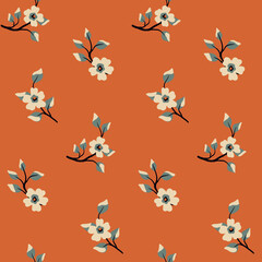 Seamless floral pattern, cute flower print with hand drawn flowers branches. Simple botanical design, retro style ornament: small flowers, leaves, twigs on an orange background. Vector illustration.