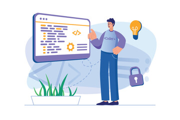 Programmer working concept with people scene. Man programming and fixing bugs of code, generates ideas and developing of software. Illustration with character in flat design for web banner
