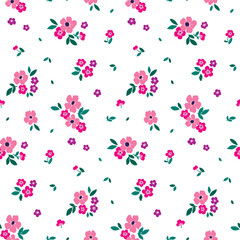 Fototapeta na wymiar Seamless floral pattern, romantic flower print with small plants in rustic style. Cute ditsy design: tiny hand drawn flowers, leaves in liberty arrangement on white background. Vector illustration.