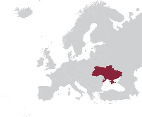 Maroon Map of Ukraine within gray map of European continent