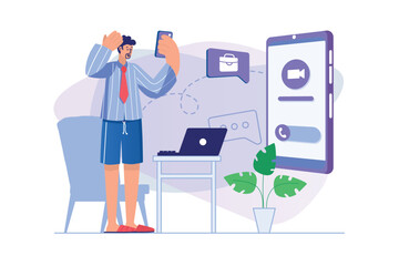 Freelance working concept with people scene. Man freelancer talking on video conference with colleagues, does job tasks at home office. Illustration with character in flat design for web banner