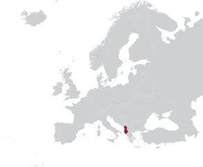 Maroon Map of Albania within gray map of European continent