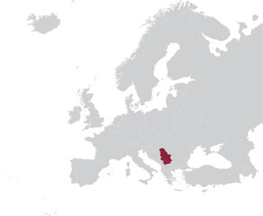 Obraz premium Maroon Map of Serbia within gray map of European continent