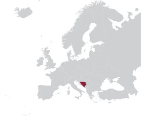 Maroon Map of Bosnia and Herzegovina within gray map of European continent