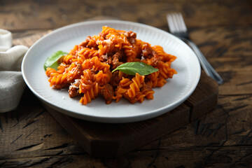 Pasta with minced meat and tomato sauce