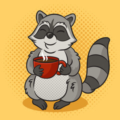 cartoon raccoon with cup of hot coffee in paws pinup pop art retro raster illustration. Comic book style imitation.