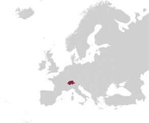 Obraz premium Maroon Map of Switzerland within gray map of European continent