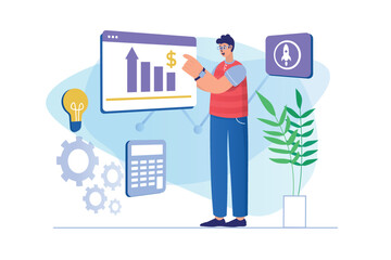Business startup concept with people scene. Businessman analyzes financial data of new company, investments and entrepreneurship. Illustration with character in flat design for web banner