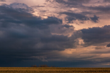 Blue violet red sunset sky background with evening curly rolling clouds may use for sky replacement