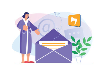 Email marketing concept with people scene. Woman receives new letter and reads advertising information from businesses and brands. Illustration with character in flat design for web banner