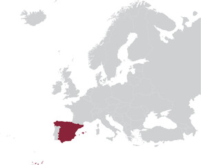 Maroon Map of Spain within gray map of European continent