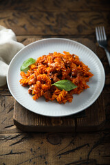 Pasta with minced meat and tomato sauce