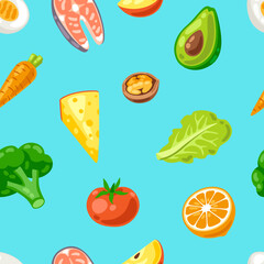 Seamless pattern with healthy eating and diet meal. Fruits, vegetables and proteins for proper nutrition.
