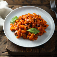 Pasta with minced meat and tomato sauce