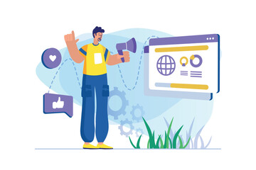 Social media marketing concept with people scene. Man makes ad campaign in social networks for users and converts them into clients. Illustration with character in flat design for web banner