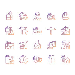Coal mining pixel perfect gradient linear vector icons set. Personal protective equipment. Heavy industry. Thin line contour symbol designs bundle. Isolated outline illustrations collection