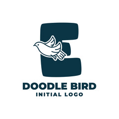 letter E doodle bird initial vector logo design