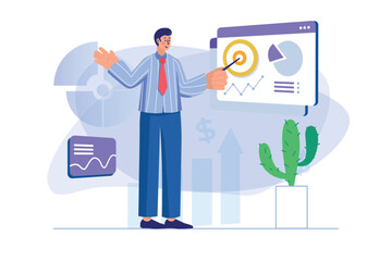 Business target concept with people scene. Man analyzes statistics of company, sets goals and achieves success in business development. Illustration with character in flat design for web banner