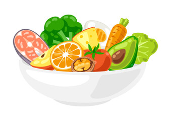 Illustration of bowl with food. Healthy eating and diet meal. Fruits, vegetables and proteins for proper nutrition.