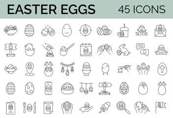 Set of 45 outline icons related to Easter Eggs, egg hunt, paint, decoration. Vector  illustration. Editable stroke