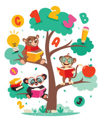Obraz na płótnie Canvas Education Tree With Cartoon Animals