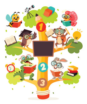 Education Tree With Cartoon Animals